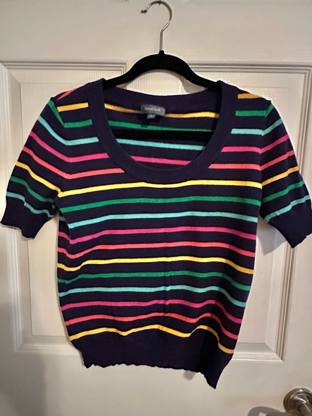 Modcloth Women’s Navy Multicolor Stripe Short-Sleeve Sweater Top L